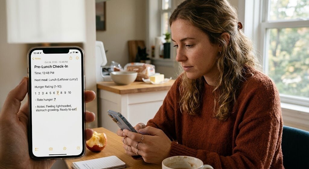Person rating hunger on a 1–10 scale in a notes app before lunch
