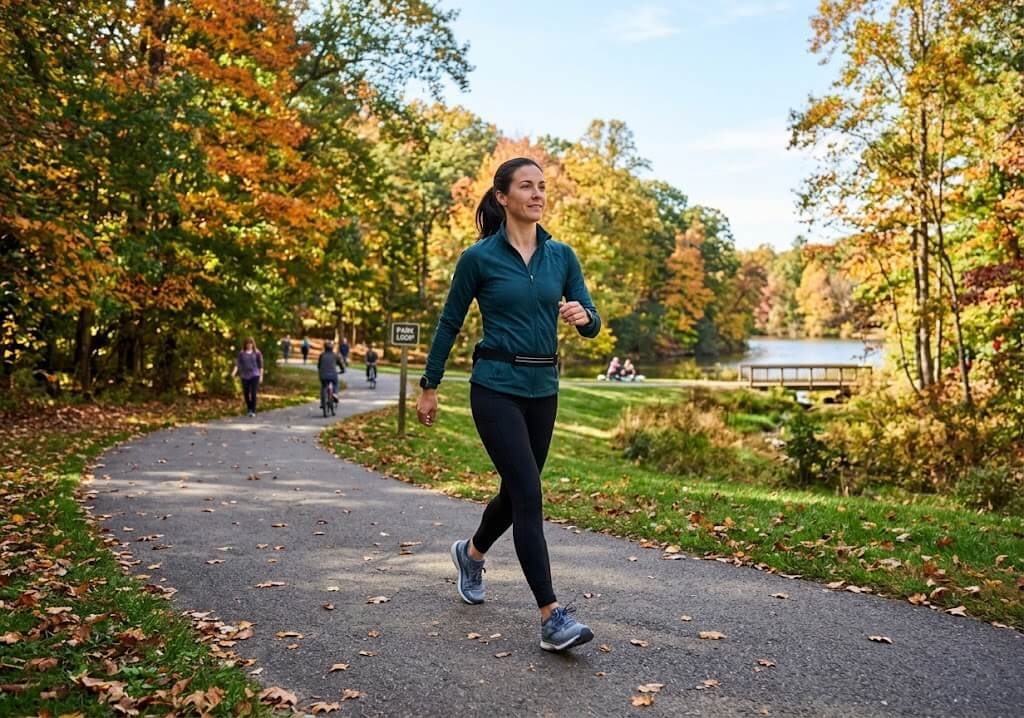 Person walking briskly on a park path, upright posture, relaxed arms