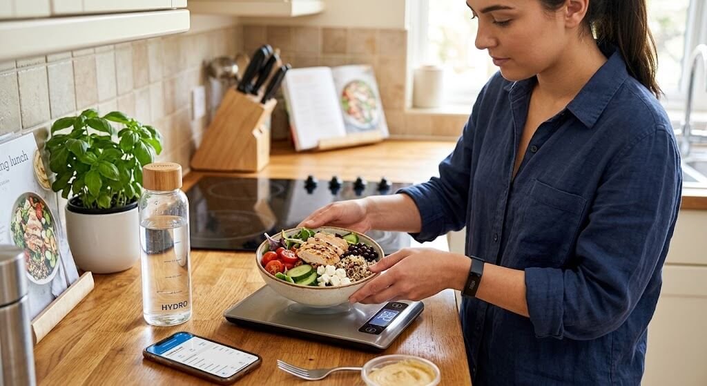 Person weighing a healthy lunch on a kitchen scale next to a water bottle, to show food tracking