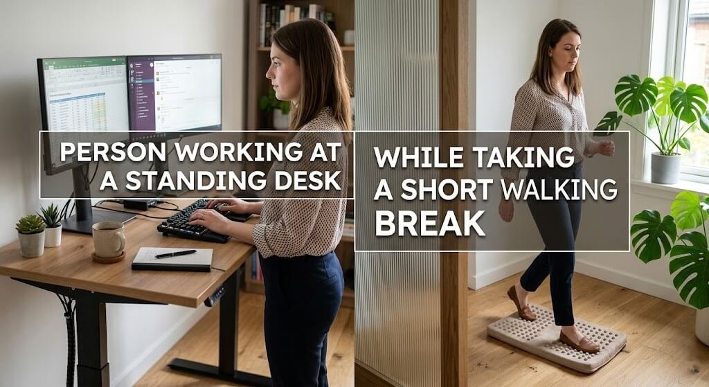 Person working at a standing desk while taking a short walking break