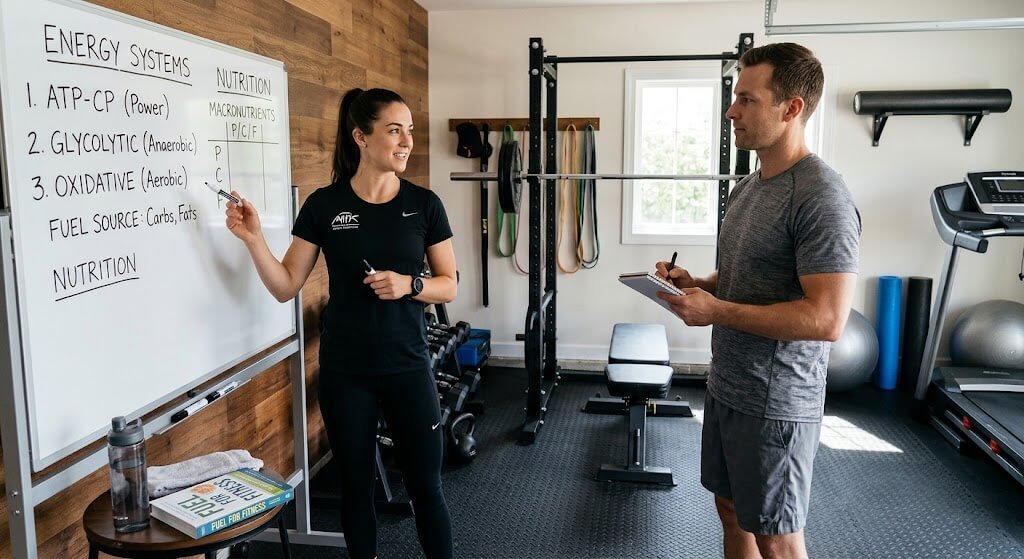 Personal trainer explaining energy systems and nutrition