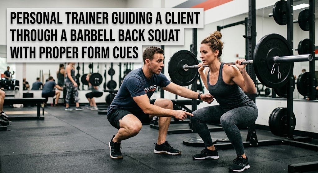 Personal trainer guiding a client through a barbell back squat with proper form cues