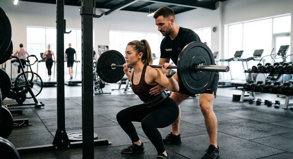 Personal trainer spotting a client doing barbell back squats in a gym setting]