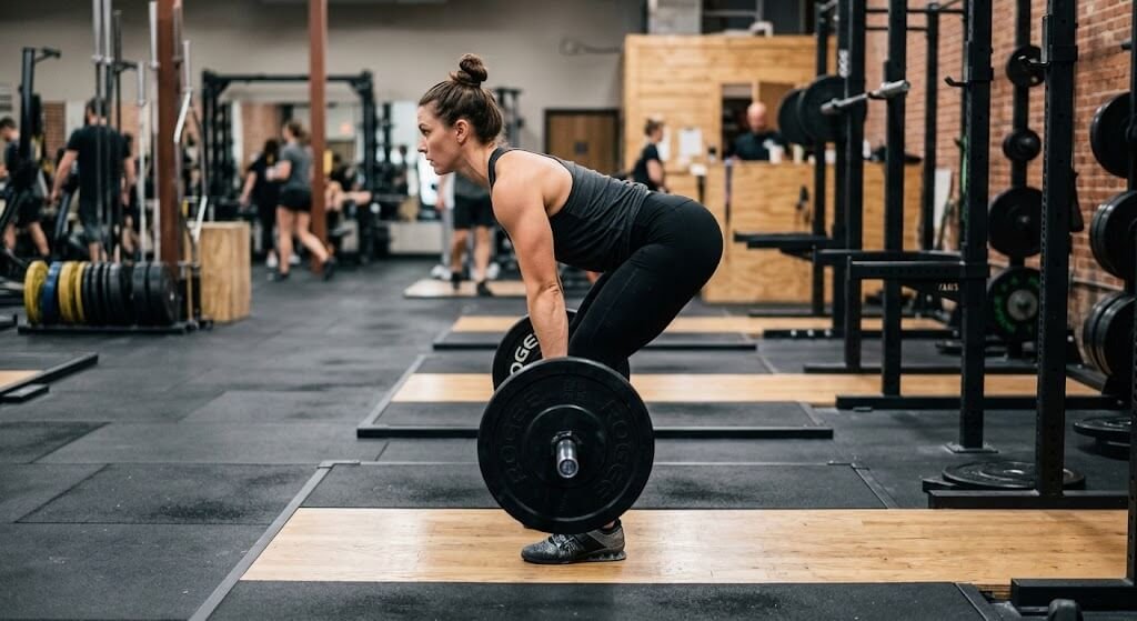 Romanian deadlift at mid-shin depth, side view