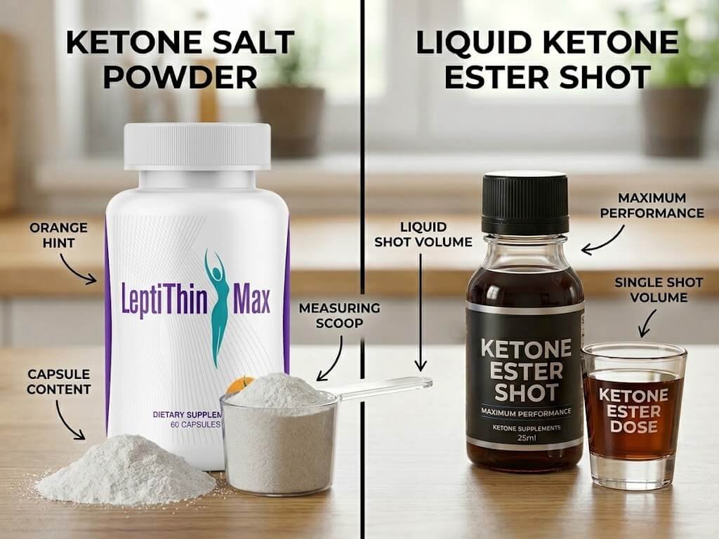 Side-by-side comparison graphic of a ketone salt powder scoop