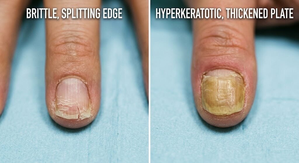 Side-by-side comparison illustrating brittle splittin