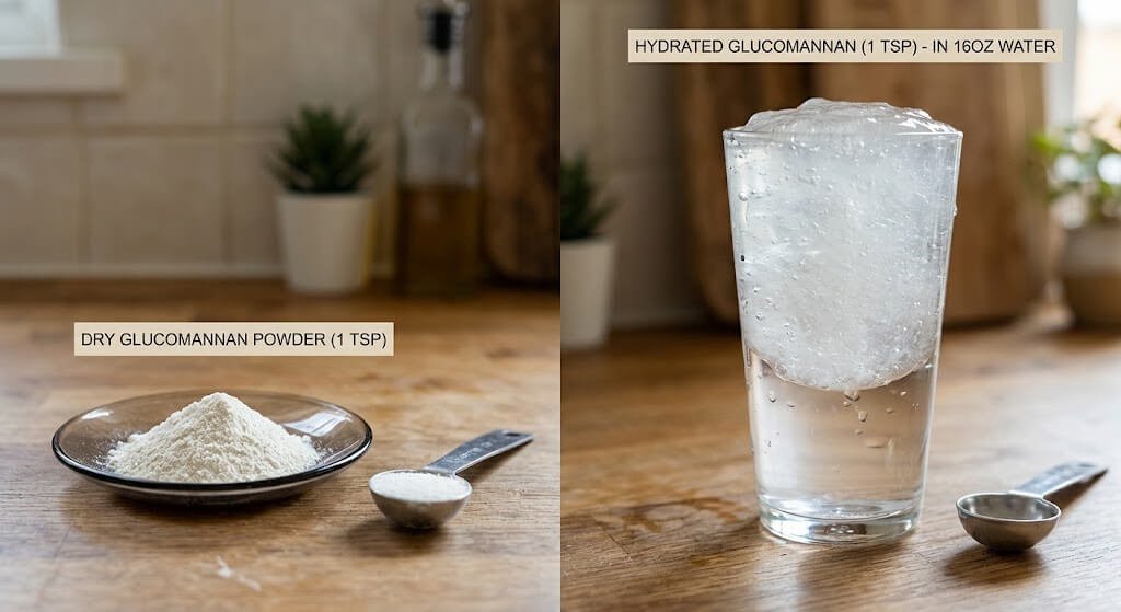 Side-by-side comparison of a dry scoop of glucomannan powder versus