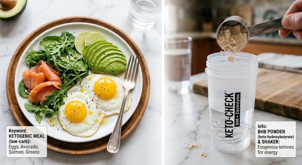 Side-by-side of a plate of a low-carb meal (eggs, avocado, salmon, greens) and a scoop of BHB powder in a shaker bottle