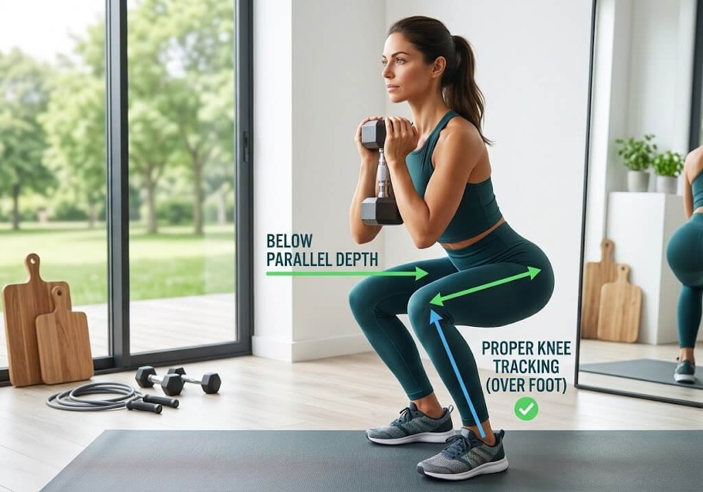 Side-view demonstration of goblet squat depth with proper knee tracking