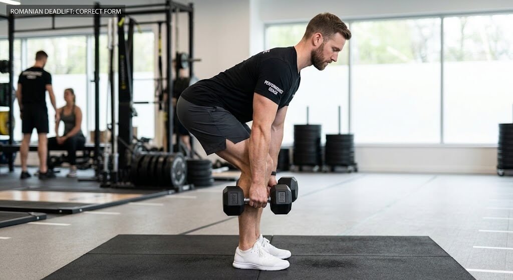 Side view of correct Romanian deadlift position, showing flat back and hip hinge.