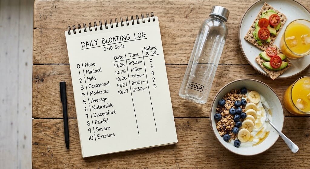 Simple bloating log on a notepad with a 0-10 scale next to a water bottle and breakfast.