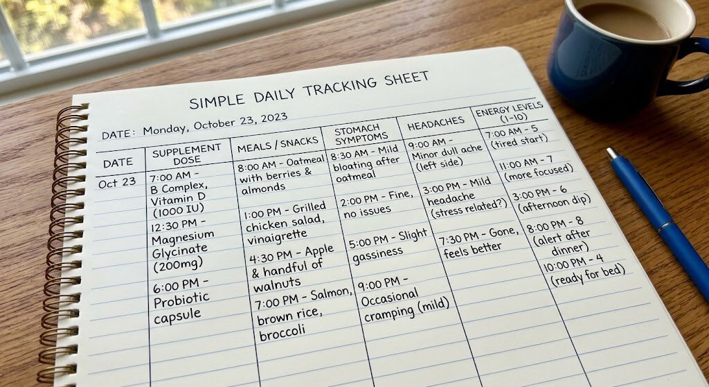 Simple daily tracking sheet with columns for supplement dose, meals, stomach symptoms, headaches, and energy levels