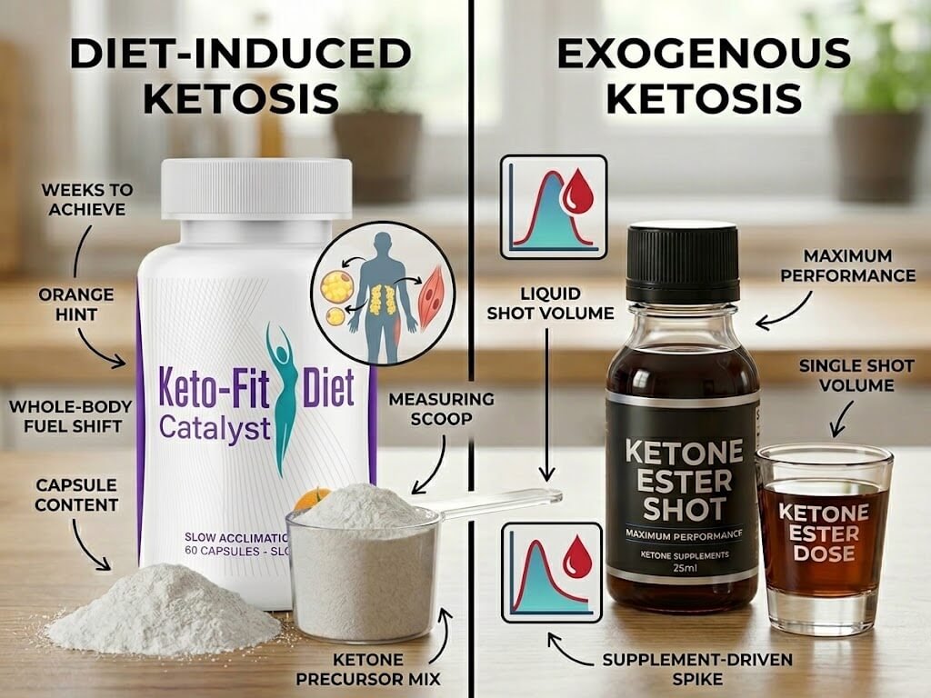 Simple diagram contrasting diet-induced ketosis