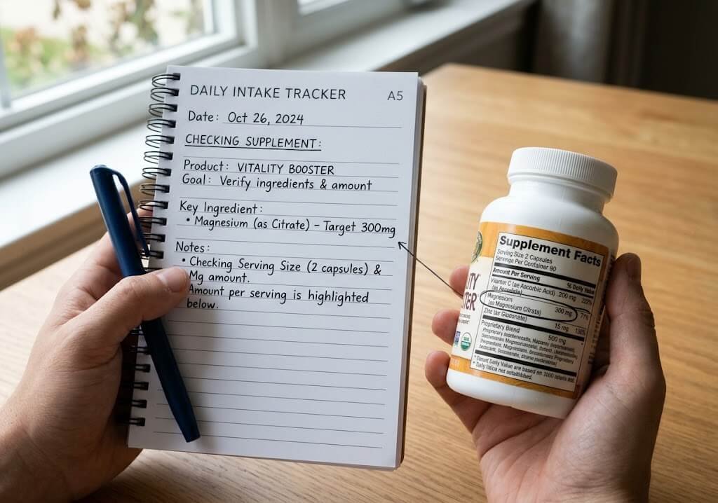 Supplement facts label held next to a notebook, showing how to check the ingredient name and amount per serving