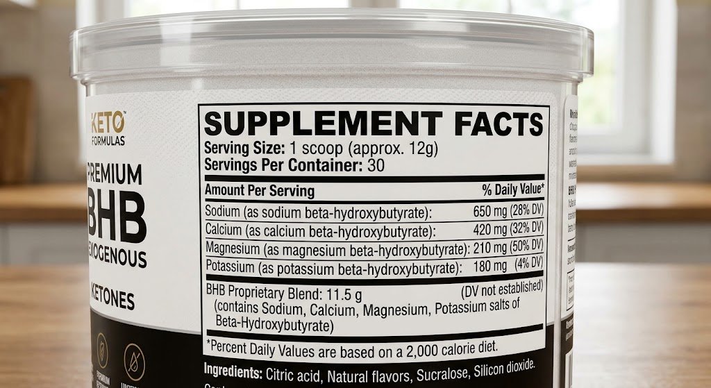 Supplement facts panel on a BHB tub, with the serving size and minerals clearly visible