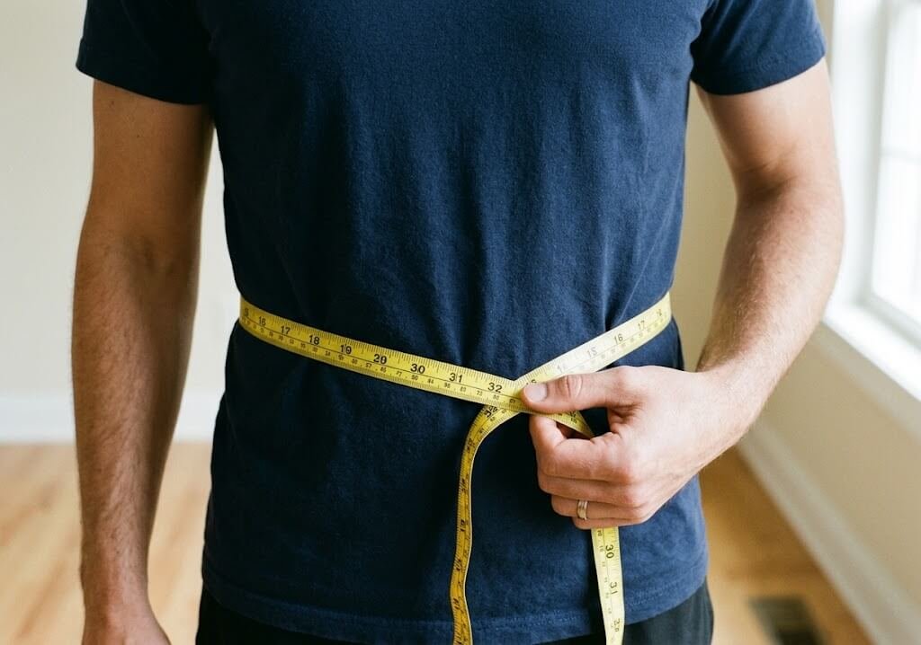 Tape measure wrapped around the waist at navel level, showing correct placement