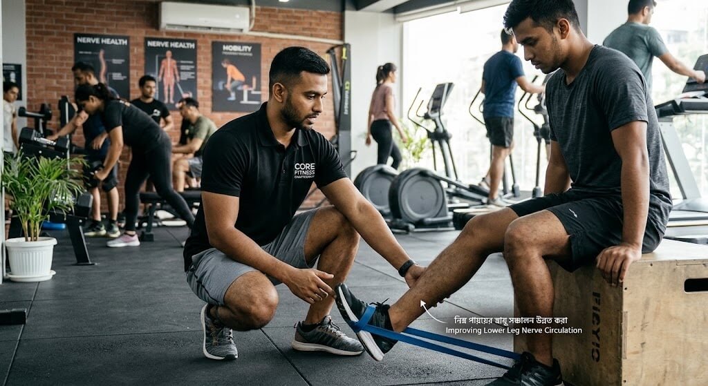 Trainer showing active resistance band calf plantarflexio