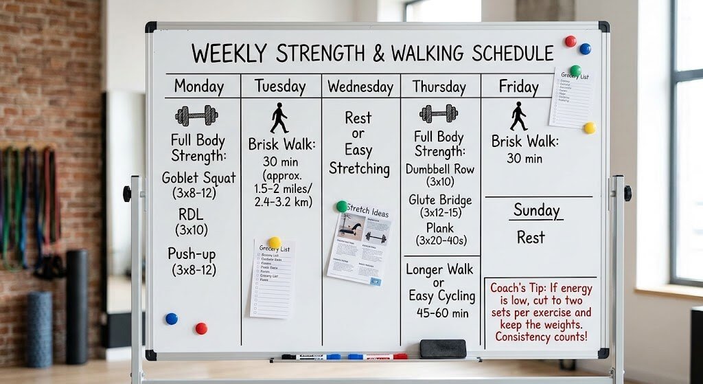 Weekly planner or whiteboard showing the strength and walking schedule.