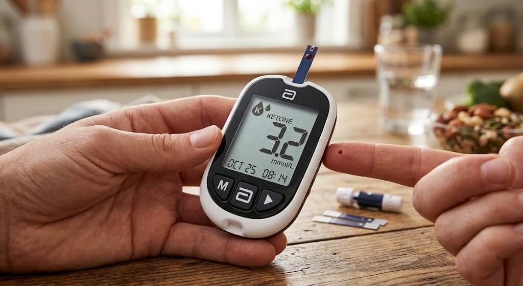 a close-up of a blood ketone meter reading, representing how people track ketone levels at home