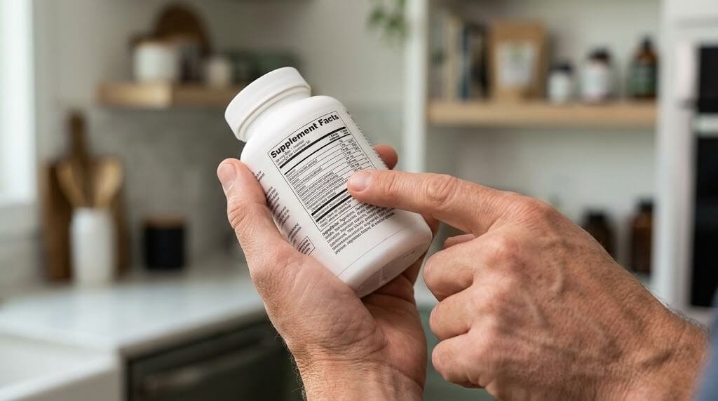 A hand holding a supplement bottle, with a finger pointing to the supplement facts panel and ingredient list