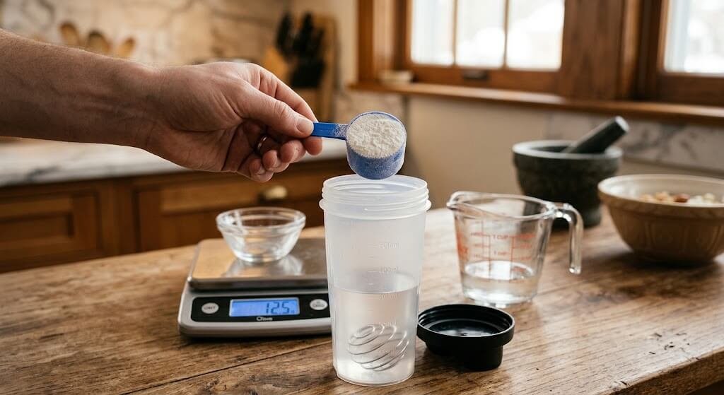  a hand holding a scoop of ketone salt powder next to a shaker bottle, with a kitchen scale and measuring cup in the background