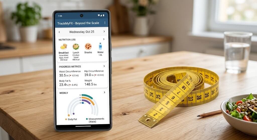 a simple food log or app screen next to a tape measure, representing tracking body composition rather than just scale weight]
