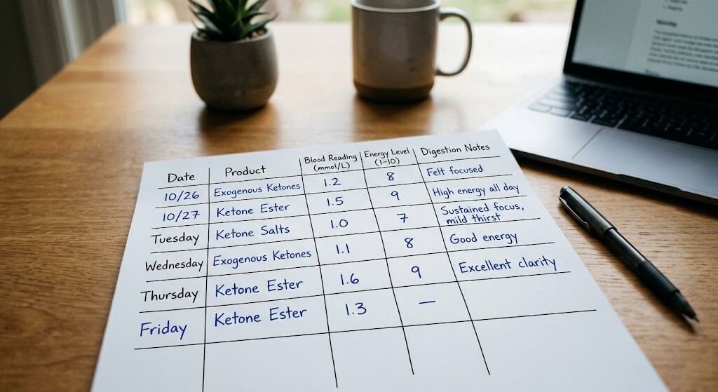 Simple weekly tracking sheet with columns for date, product, blood reading, energy level, and digestion notes