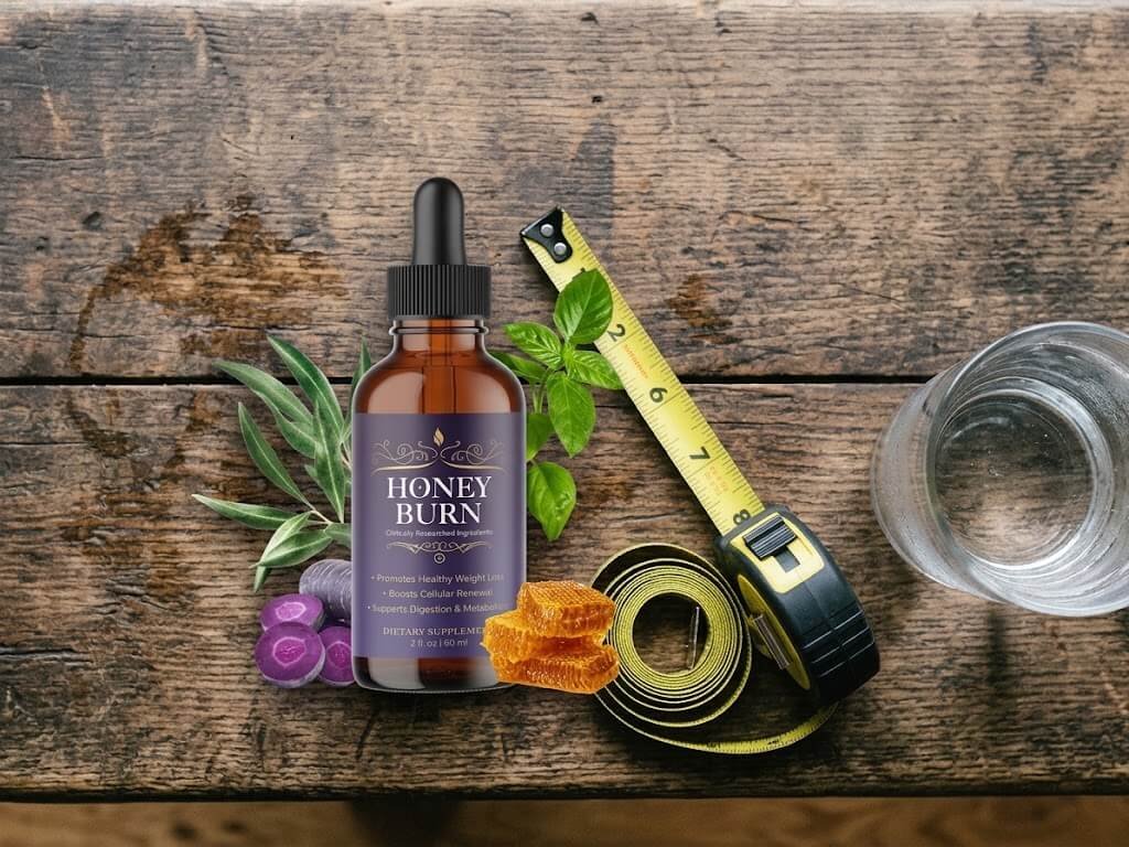 A clean, well-lit flat-lay image of a transparent supplement bottle next to a measuring tape, a glass of water, and fresh green tea leaves on a wooden gym bench
