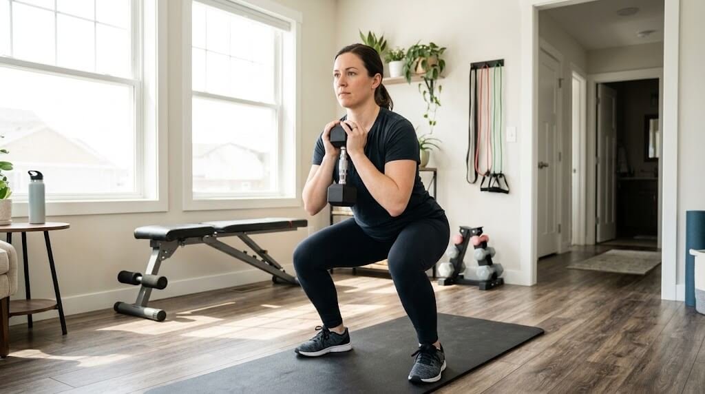 A beginner performing a controlled goblet squat with a dumbbell in a bright home gym.