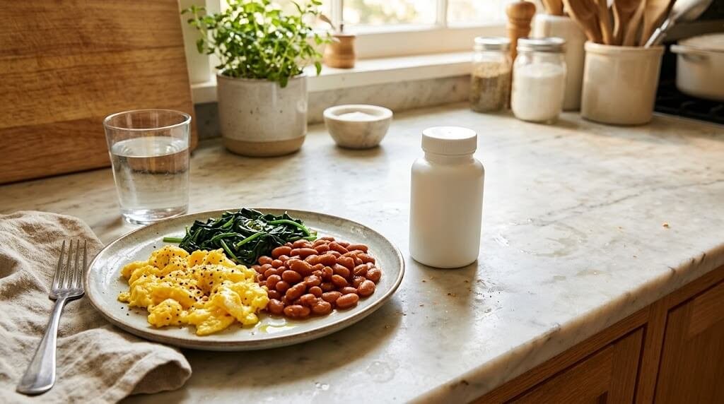 A kitchen counter with a plain supplement bottle next to a plate of eggs, spinach, beans, and a glass of water, showing food-first nutrition