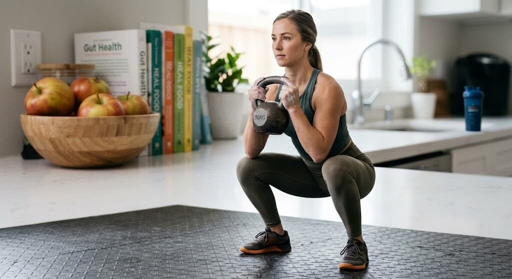 A fitness enthusiast performing a goblet squat with a kettlebell i
