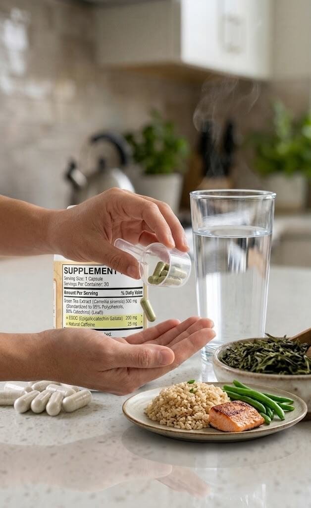 Person pouring a measured capsule serving of green tea extract into their 