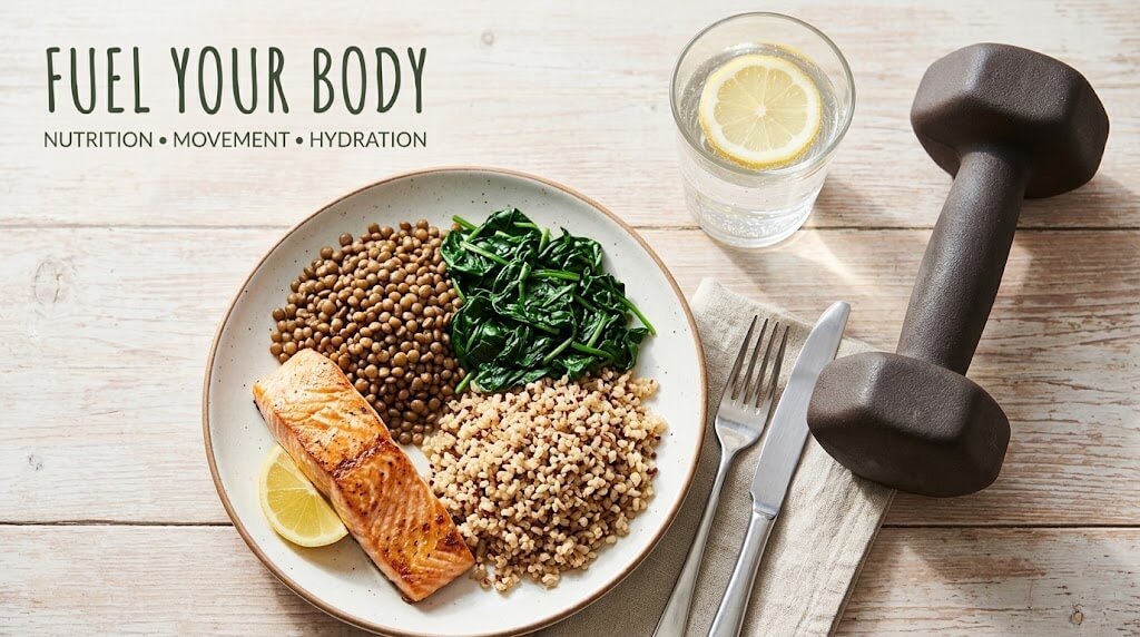 balanced plate (salmon, lentils, spinach, whole grains