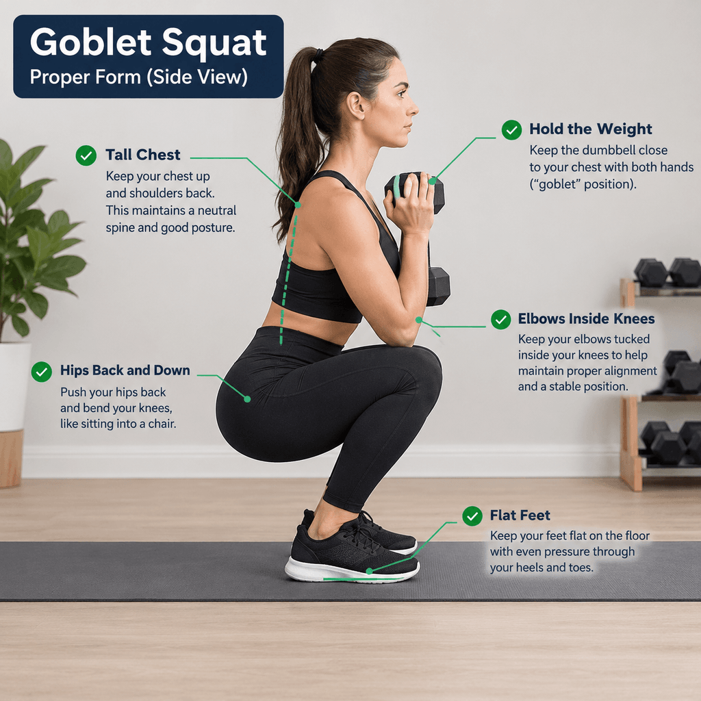 Demonstration of the goblet squat, side view, showing a tall chest, elbows inside the knees, and flat feet