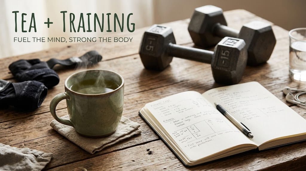 Cup of green tea beside dumbbells illustrating how does green tea extract support metabolism