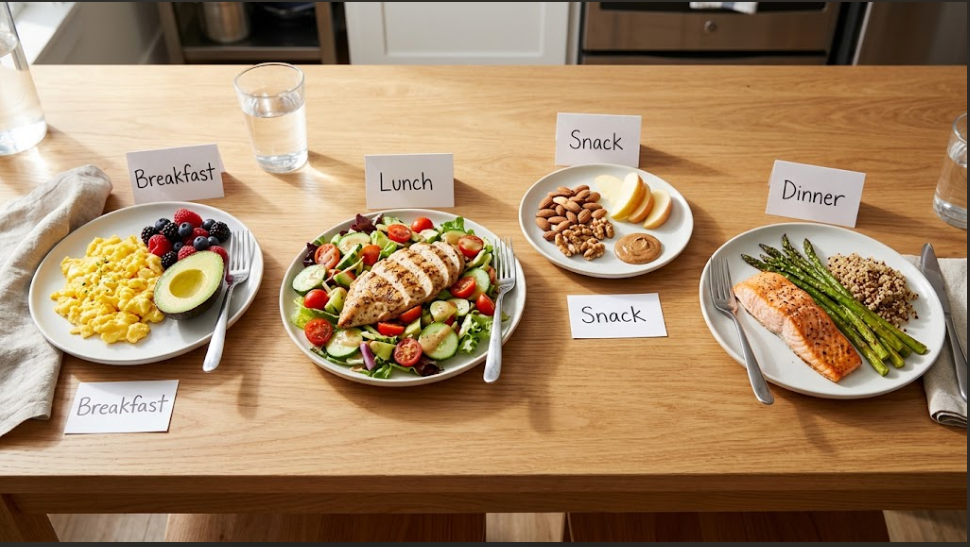 The sample day laid out on four plates: breakfast, lunch, snack, and dinner