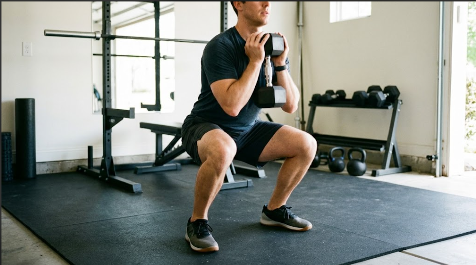 A person performing a goblet squat in a home gym with a single dumbbell held at chest height