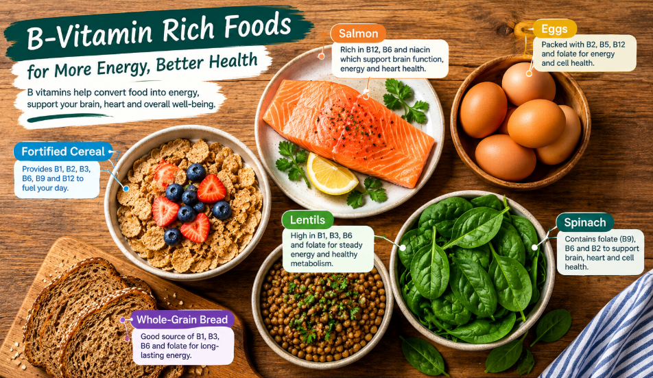 A flat-lay of B-vitamin-rich foods: salmon, eggs, fortified cereal, lentils, spinach, and whole-grain bread