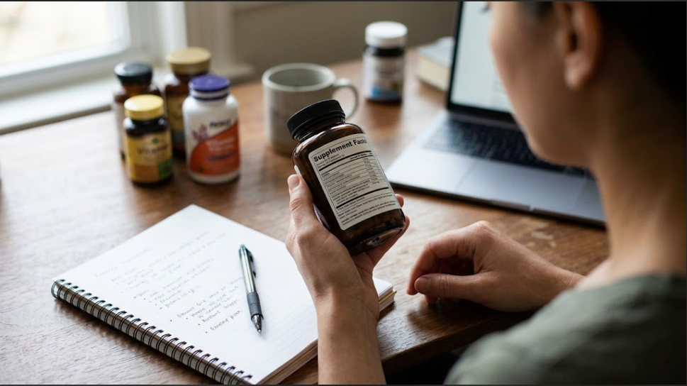 A person reading the Supplement Facts panel on a bottle, with a notepad and pen beside it