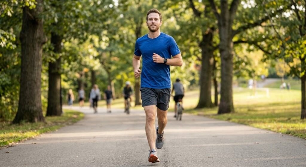 man jogging at a steady, conversational pace on a treadmill