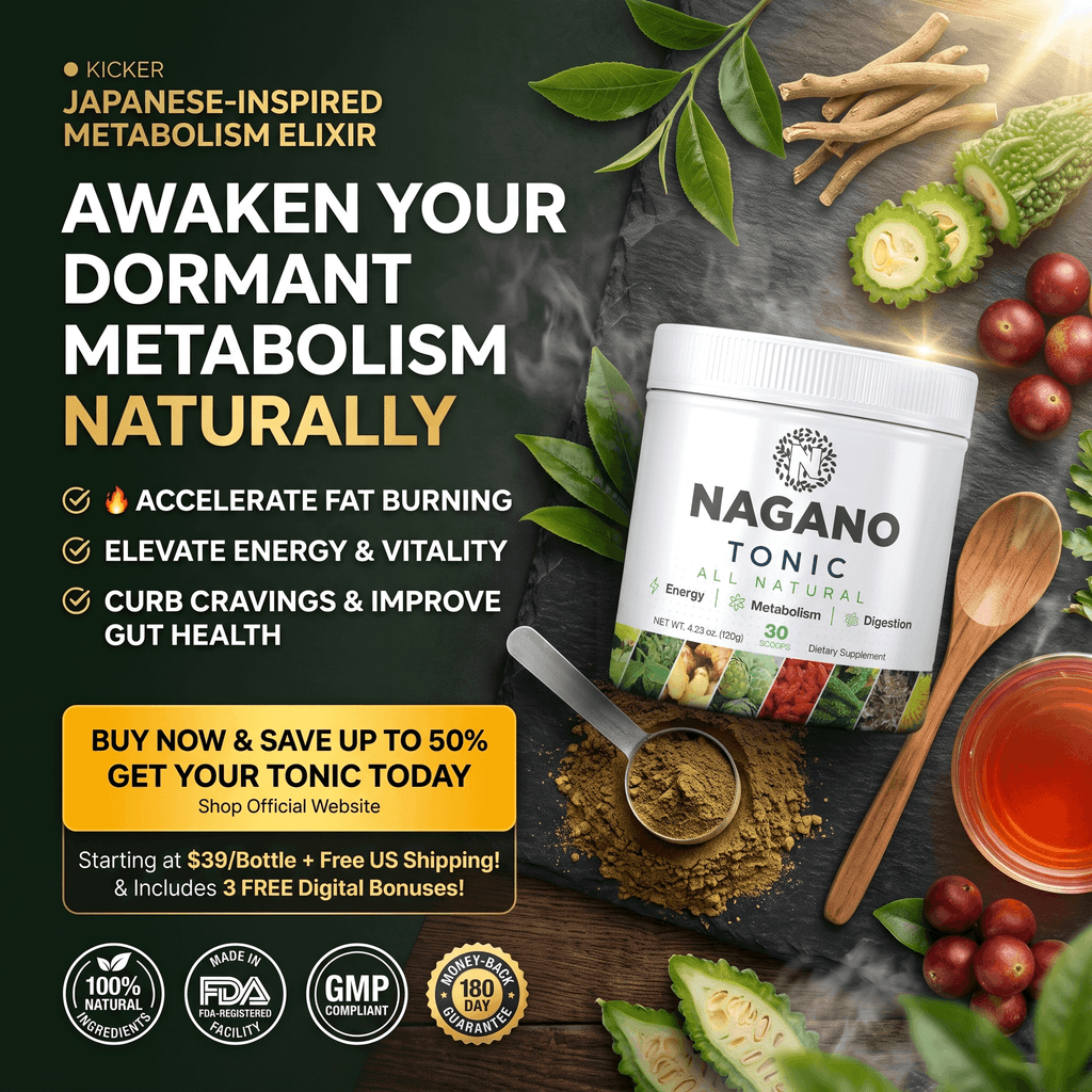 Nagano Lean Body Tonic featuring the product jar, botanical ingredients, and prepared drink on dark slate. It includes the headline 'Awaken Your Dormant Metabolism Naturally