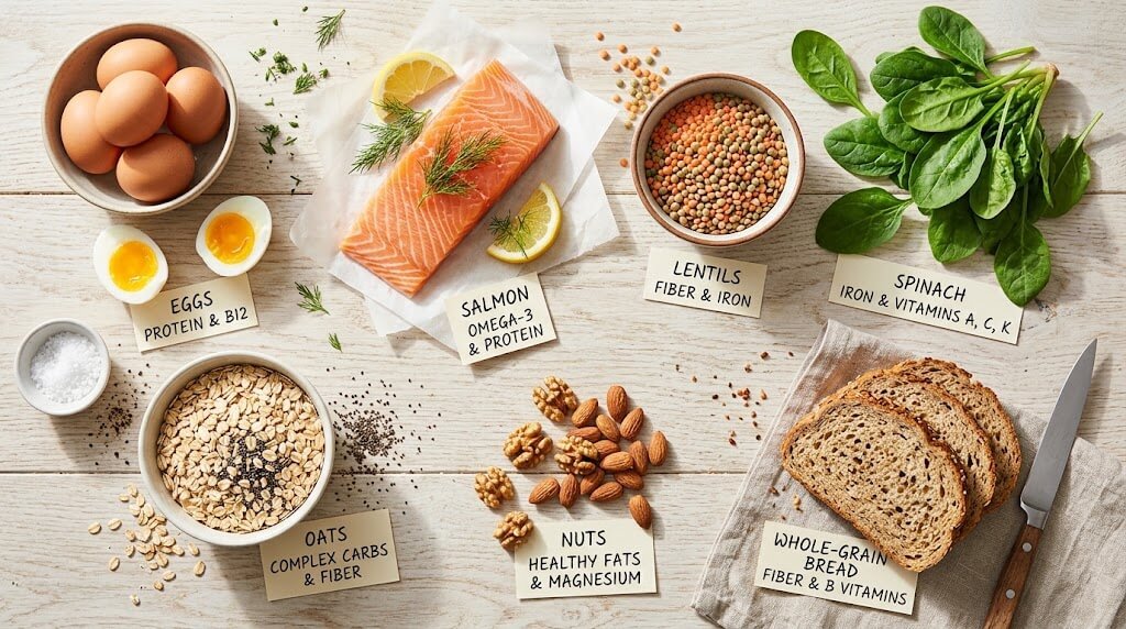 A colorful flat-lay of eggs, salmon, lentils, spinach, oats, nuts, and whole-grain bread, with small labels identifying key nutrients
