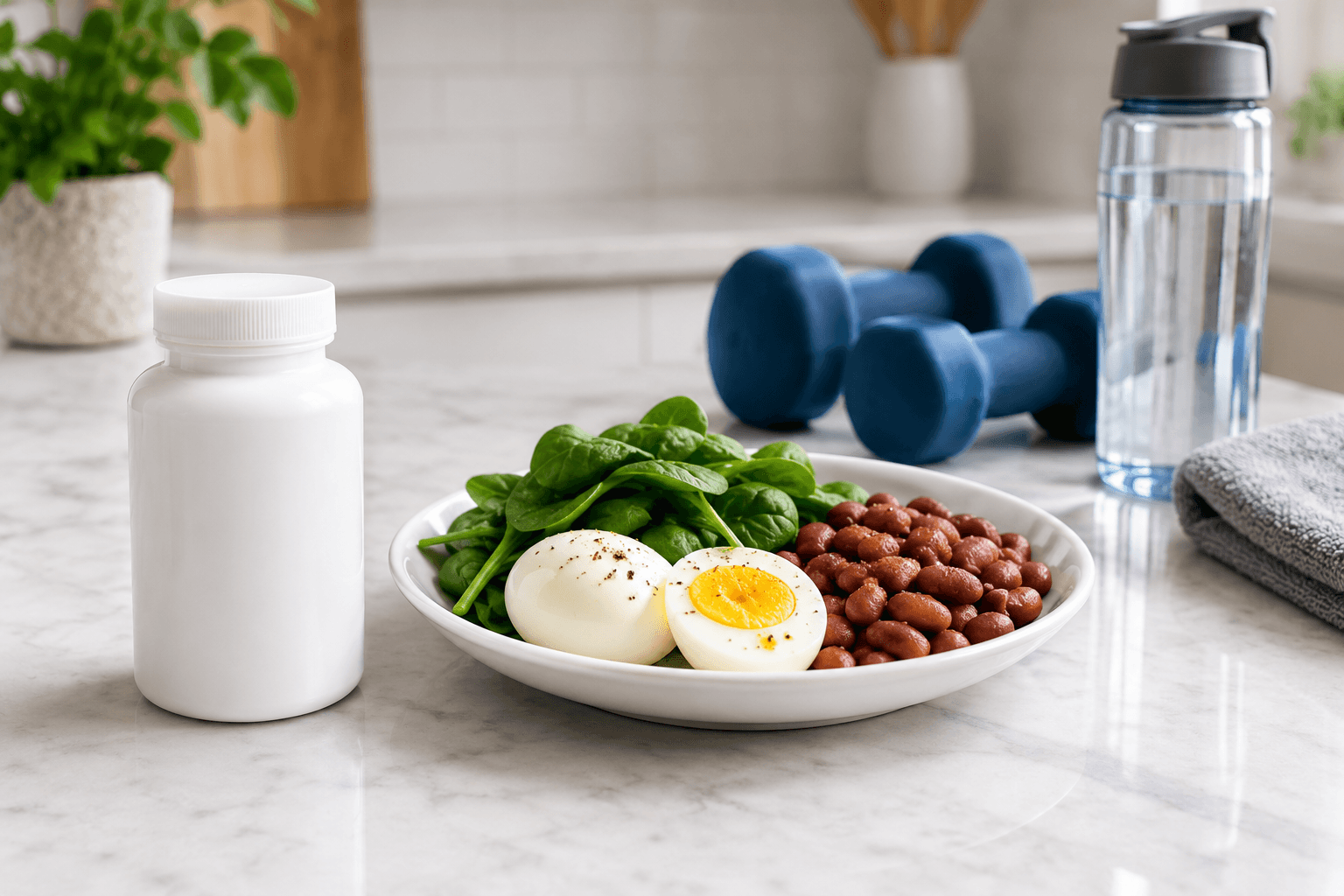 supplement bottle beside a plate of eggs, spinach, and beans, with a pair of dumbbells and a water