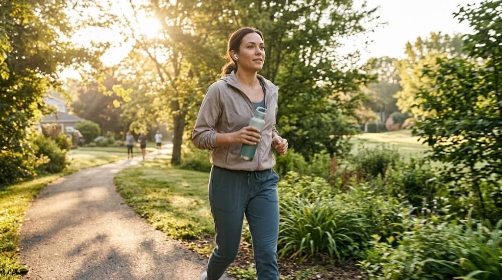 Person doing a brisk walk outdoors in the morning light with a water bottle in hand